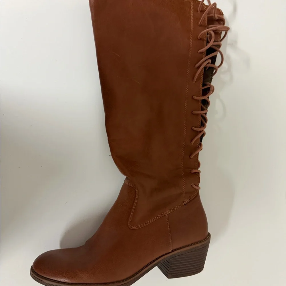 Over-the-Knee Lace-Back‎ Brown Leather Boots
